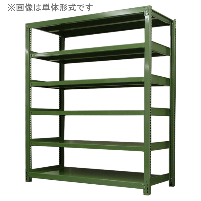 スチールラック 中量500kg/段(ボルトレス) 連結形式(グリーン色)　表示寸法:H1200×W900×D450mm　6段(枚)