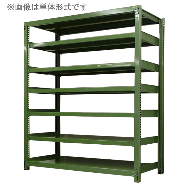 スチールラック 中量500kg/段(ボルトレス) 連結形式(グリーン色)　表示寸法:H1500×W900×D450mm　7段(枚)